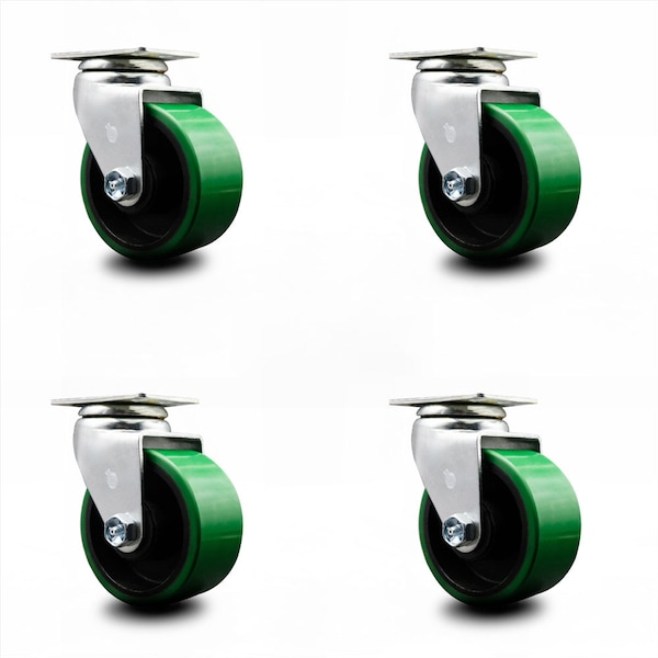 4 Inch Green Poly on Cast Iron Wheel Swivel Caster Set with Roller Bearings SCC